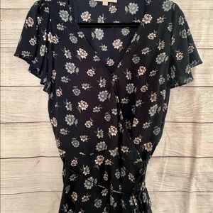 Loft Floral Navy Wrap Short Sleeve Blouse/ Top